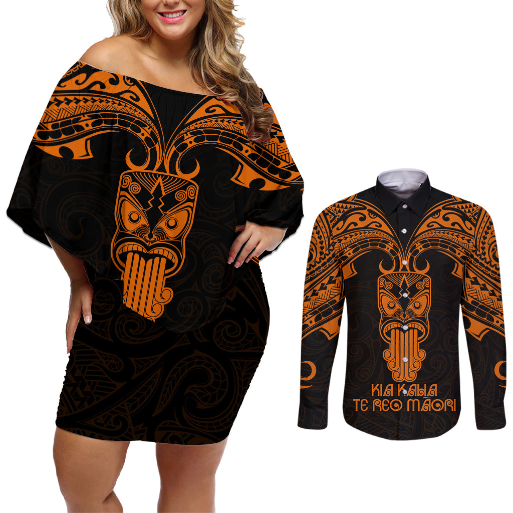 Personalised New Zealand Te Reo Maori Couples Matching Off Shoulder Short Dress and Long Sleeve Button Shirts Kia Kaha Maori Language Week Gold Style LT9 - Wonder Print Shop