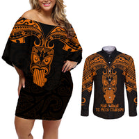 Personalised New Zealand Te Reo Maori Couples Matching Off Shoulder Short Dress and Long Sleeve Button Shirts Kia Kaha Maori Language Week Gold Style LT9 - Wonder Print Shop