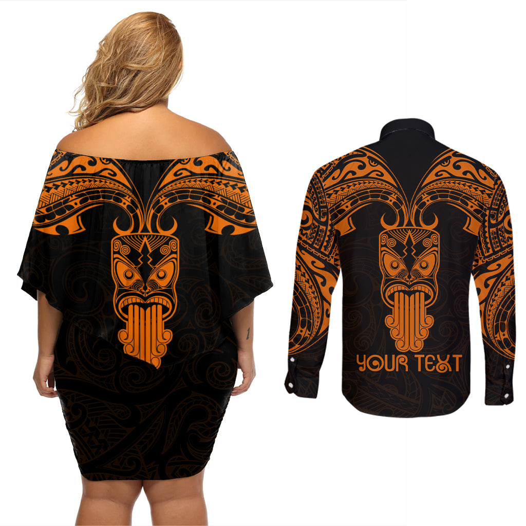 Personalised New Zealand Te Reo Maori Couples Matching Off Shoulder Short Dress and Long Sleeve Button Shirts Kia Kaha Maori Language Week Gold Style LT9 - Wonder Print Shop