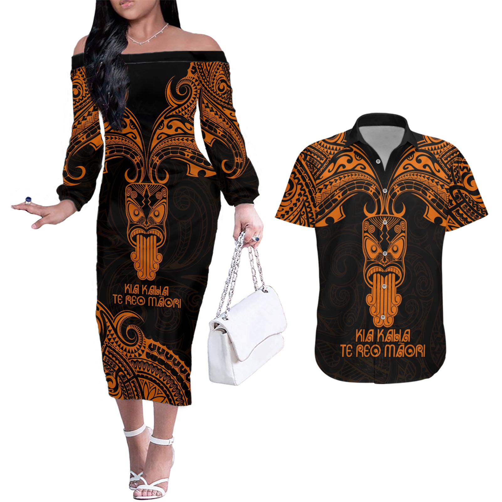 Personalised New Zealand Te Reo Maori Couples Matching Off The Shoulder Long Sleeve Dress and Hawaiian Shirt Kia Kaha Maori Language Week Gold Style LT9 - Wonder Print Shop