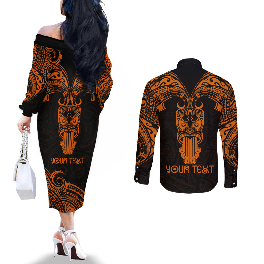 Personalised New Zealand Te Reo Maori Couples Matching Off The Shoulder Long Sleeve Dress and Long Sleeve Button Shirts Kia Kaha Maori Language Week Gold Style LT9