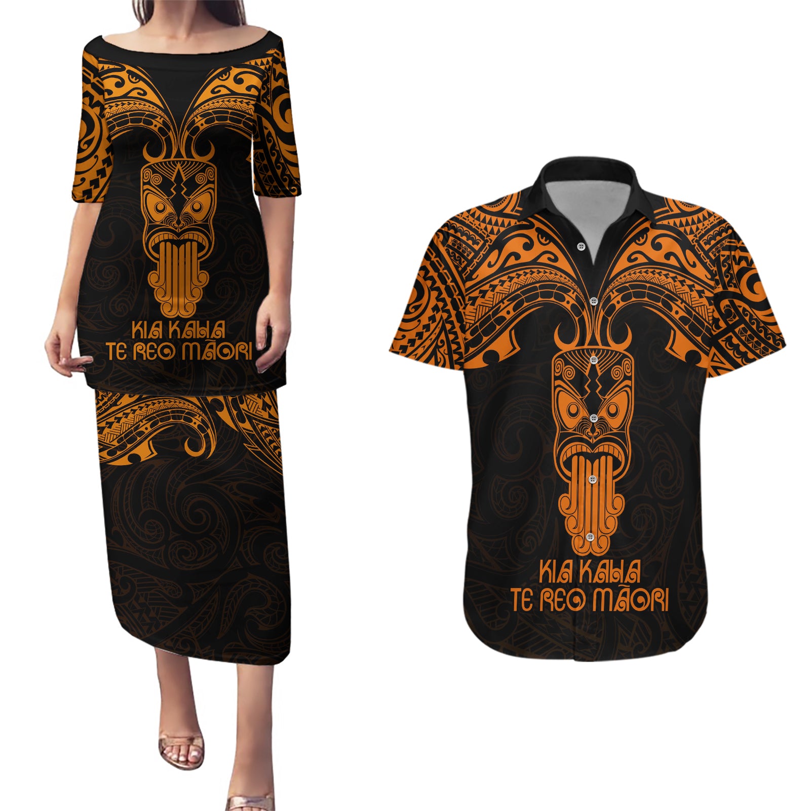 Personalised New Zealand Te Reo Maori Couples Matching Puletasi Dress and Hawaiian Shirt Kia Kaha Maori Language Week Gold Style LT9 - Wonder Print Shop