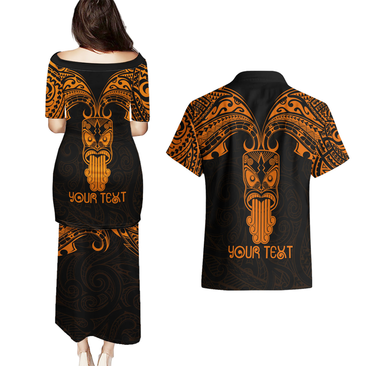 Personalised New Zealand Te Reo Maori Couples Matching Puletasi Dress and Hawaiian Shirt Kia Kaha Maori Language Week Gold Style LT9 - Wonder Print Shop