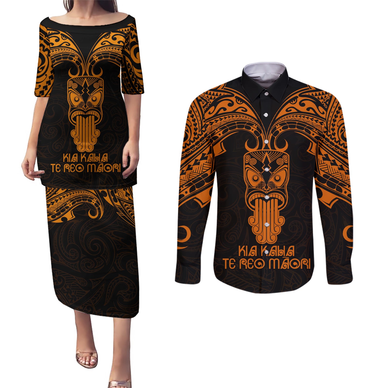 Personalised New Zealand Te Reo Maori Couples Matching Puletasi Dress and Long Sleeve Button Shirts Kia Kaha Maori Language Week Gold Style LT9 - Wonder Print Shop
