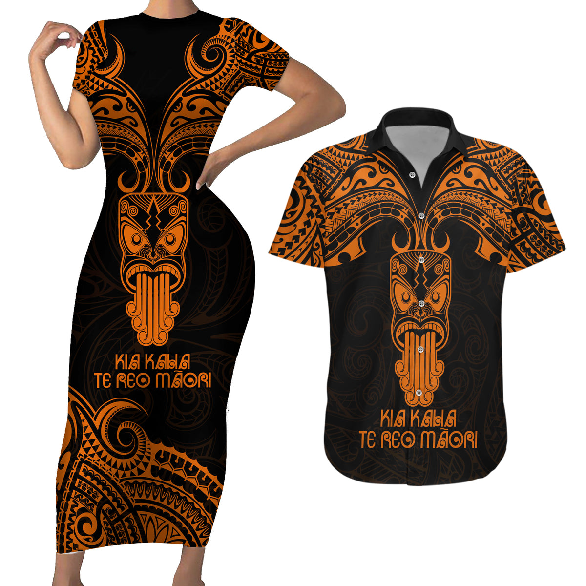 Personalised New Zealand Te Reo Maori Couples Matching Short Sleeve Bodycon Dress and Hawaiian Shirt Kia Kaha Maori Language Week Gold Style LT9 - Wonder Print Shop