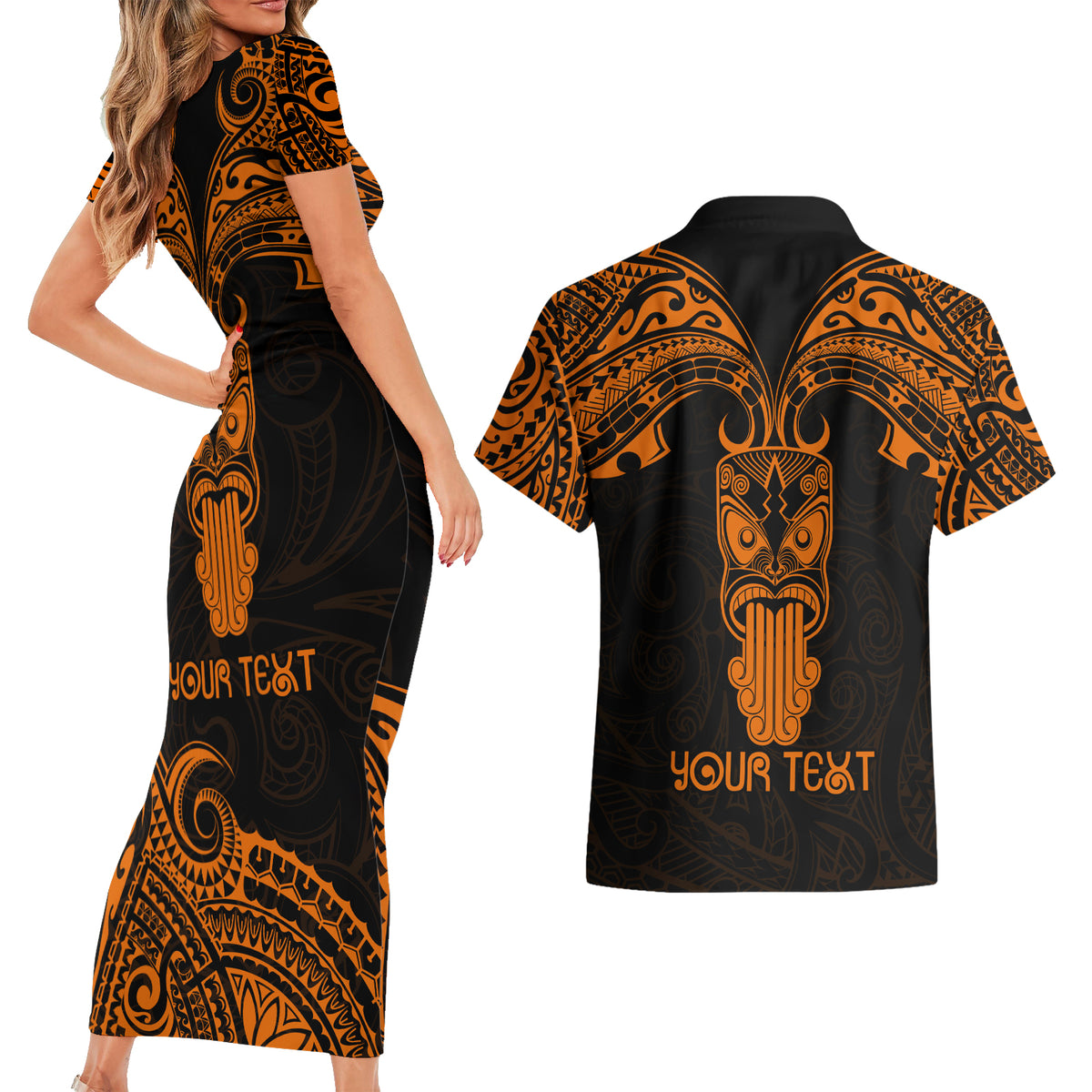 Personalised New Zealand Te Reo Maori Couples Matching Short Sleeve Bodycon Dress and Hawaiian Shirt Kia Kaha Maori Language Week Gold Style LT9 - Wonder Print Shop