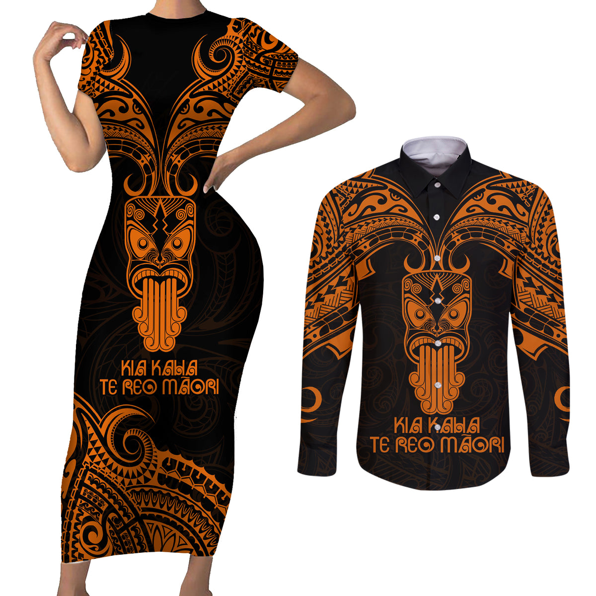 Personalised New Zealand Te Reo Maori Couples Matching Short Sleeve Bodycon Dress and Long Sleeve Button Shirts Kia Kaha Maori Language Week Gold Style LT9 - Wonder Print Shop