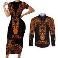Personalised New Zealand Te Reo Maori Couples Matching Short Sleeve Bodycon Dress and Long Sleeve Button Shirts Kia Kaha Maori Language Week Gold Style LT9 - Wonder Print Shop