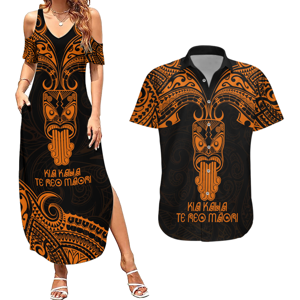 Personalised New Zealand Te Reo Maori Couples Matching Summer Maxi Dress and Hawaiian Shirt Kia Kaha Maori Language Week Gold Style LT9 - Wonder Print Shop