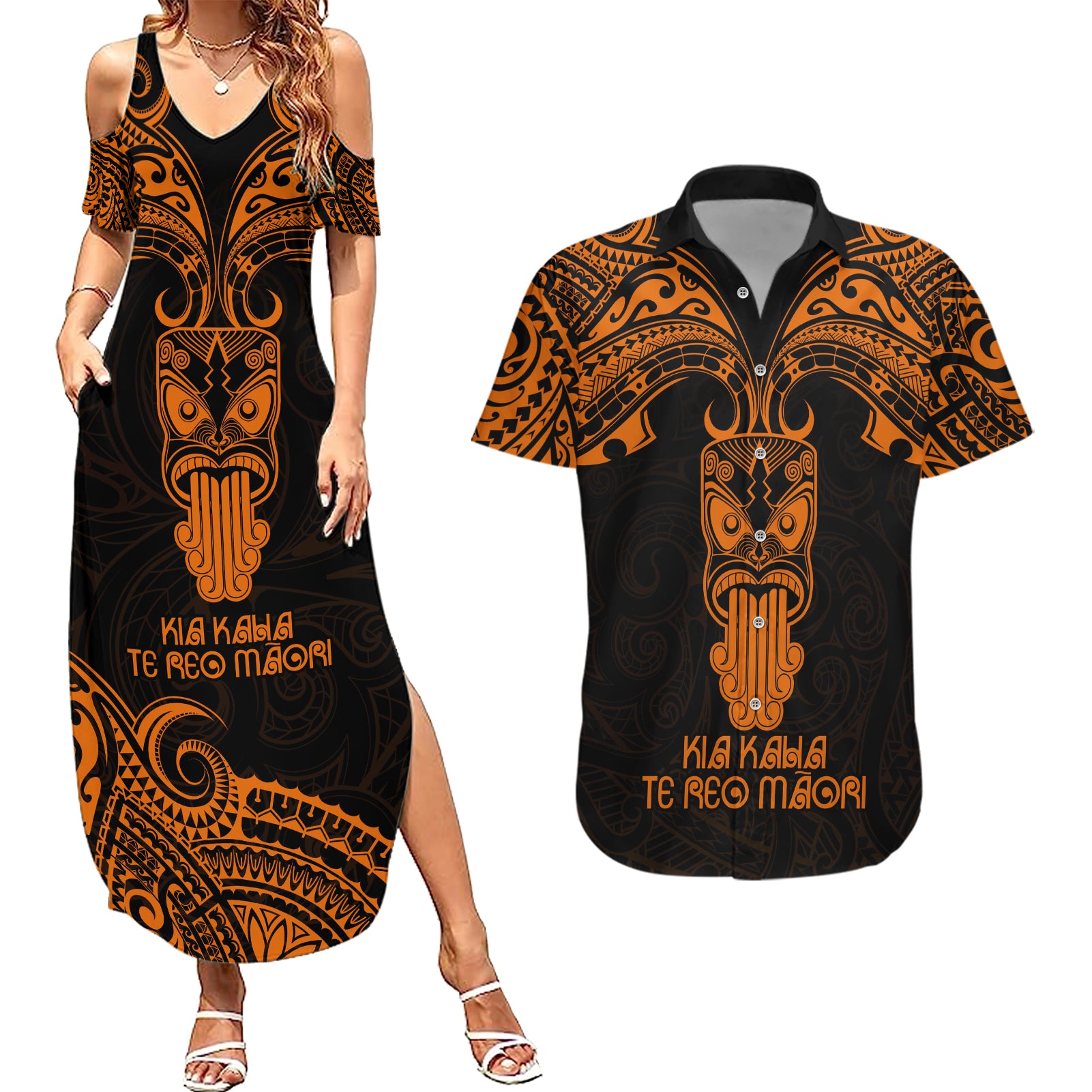 Personalised New Zealand Te Reo Maori Couples Matching Summer Maxi Dress and Hawaiian Shirt Kia Kaha Maori Language Week Gold Style LT9 - Wonder Print Shop