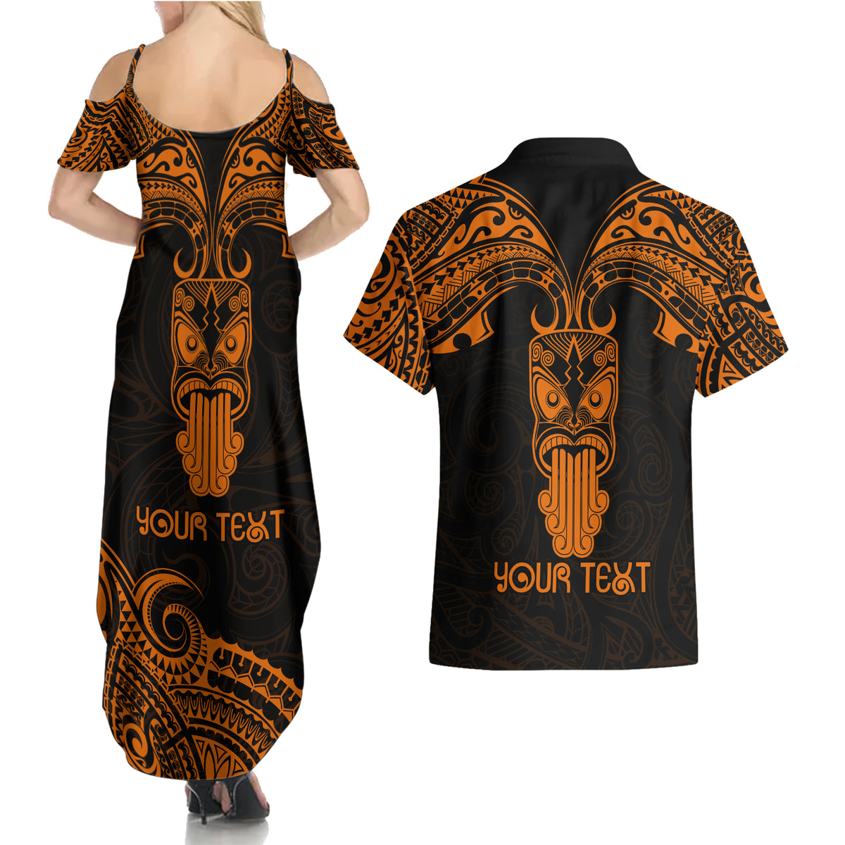 Personalised New Zealand Te Reo Maori Couples Matching Summer Maxi Dress and Hawaiian Shirt Kia Kaha Maori Language Week Gold Style LT9 - Wonder Print Shop