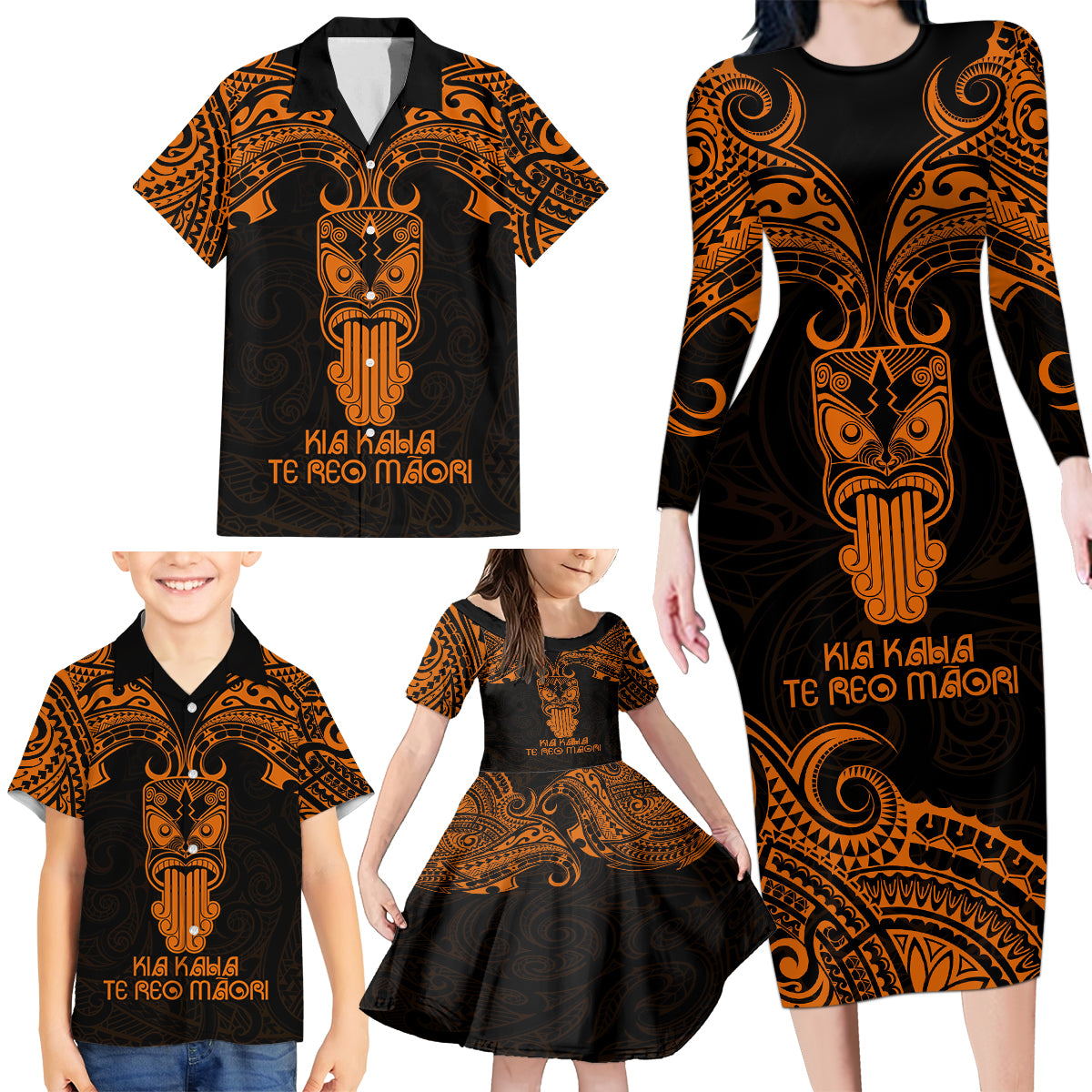 Personalised New Zealand Te Reo Maori Family Matching Long Sleeve Bodycon Dress and Hawaiian Shirt Kia Kaha Maori Language Week Gold Style LT9 - Wonder Print Shop