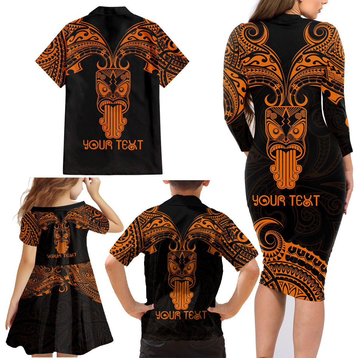 Personalised New Zealand Te Reo Maori Family Matching Long Sleeve Bodycon Dress and Hawaiian Shirt Kia Kaha Maori Language Week Gold Style LT9 - Wonder Print Shop