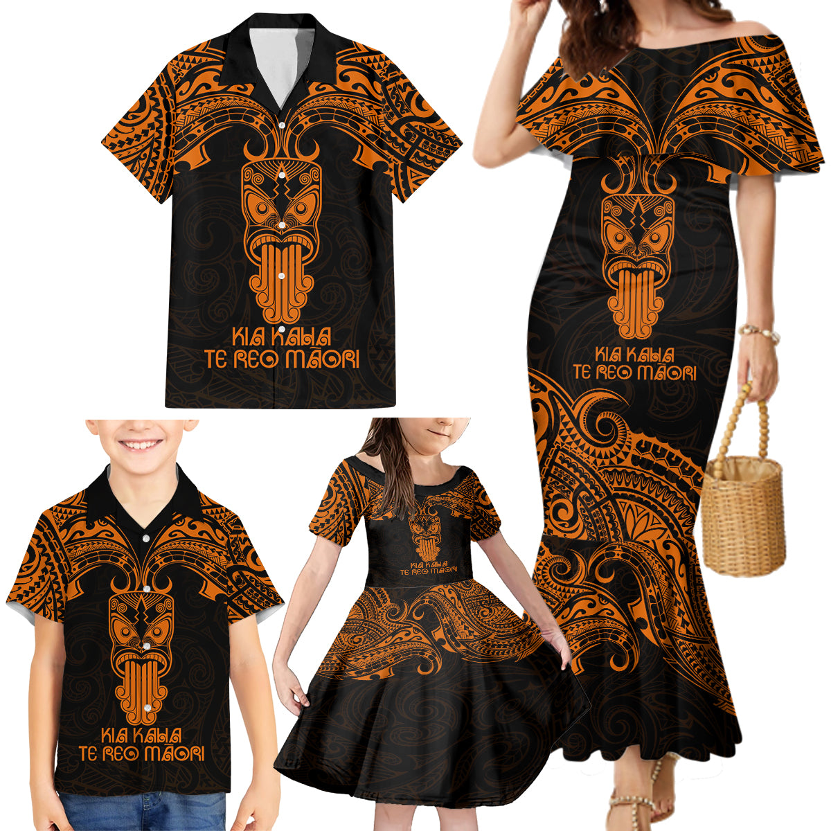 Personalised New Zealand Te Reo Maori Family Matching Mermaid Dress and Hawaiian Shirt Kia Kaha Maori Language Week Gold Style LT9 - Wonder Print Shop
