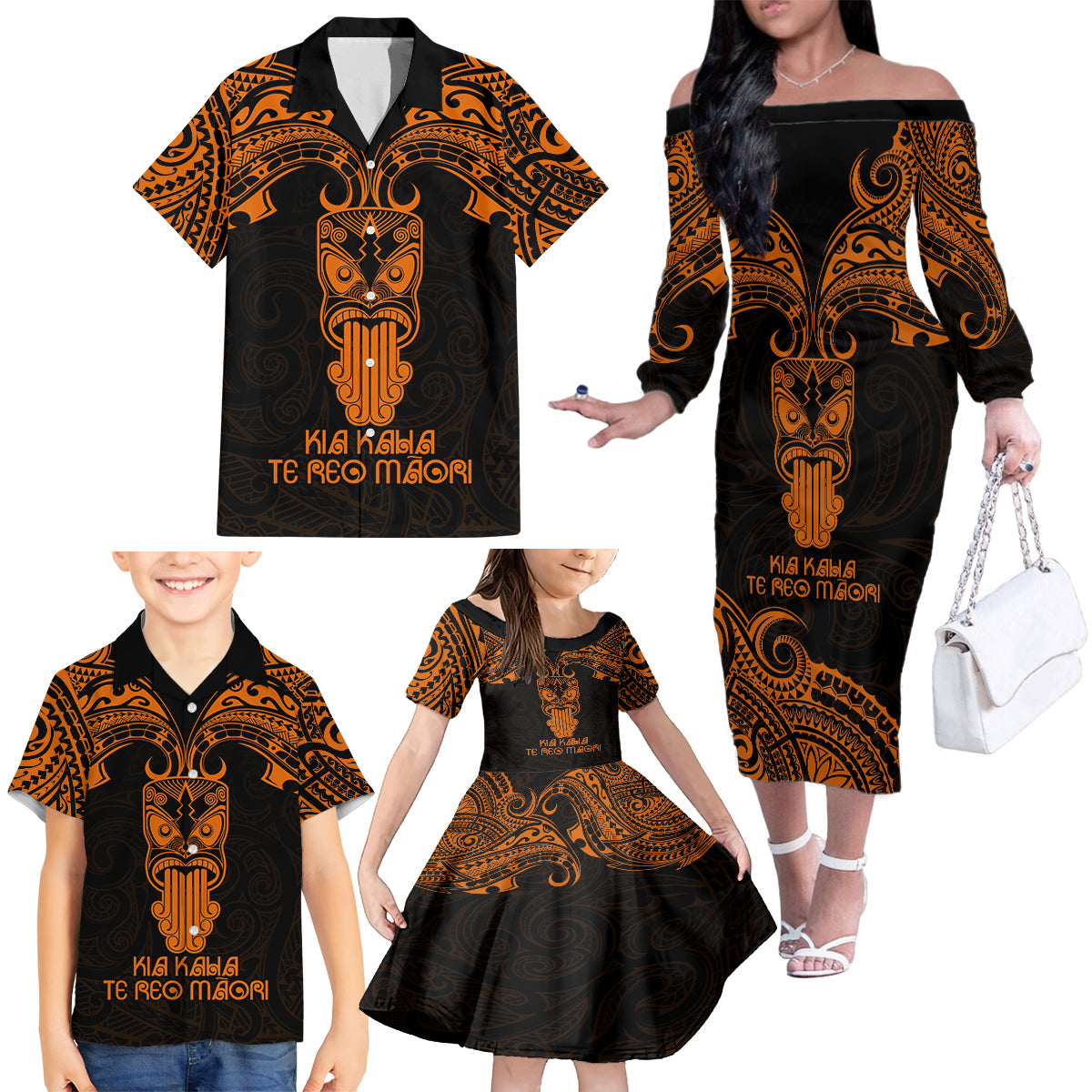 Personalised New Zealand Te Reo Maori Family Matching Off Shoulder Long Sleeve Dress and Hawaiian Shirt Kia Kaha Maori Language Week Gold Style - Wonder Print Shop