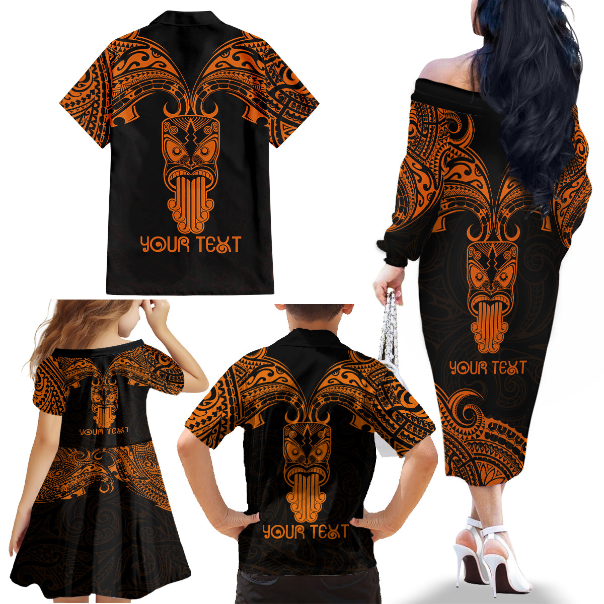Personalised New Zealand Te Reo Maori Family Matching Off Shoulder Long Sleeve Dress and Hawaiian Shirt Kia Kaha Maori Language Week Gold Style - Wonder Print Shop