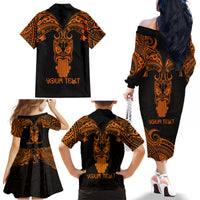 Personalised New Zealand Te Reo Maori Family Matching Off Shoulder Long Sleeve Dress and Hawaiian Shirt Kia Kaha Maori Language Week Gold Style - Wonder Print Shop