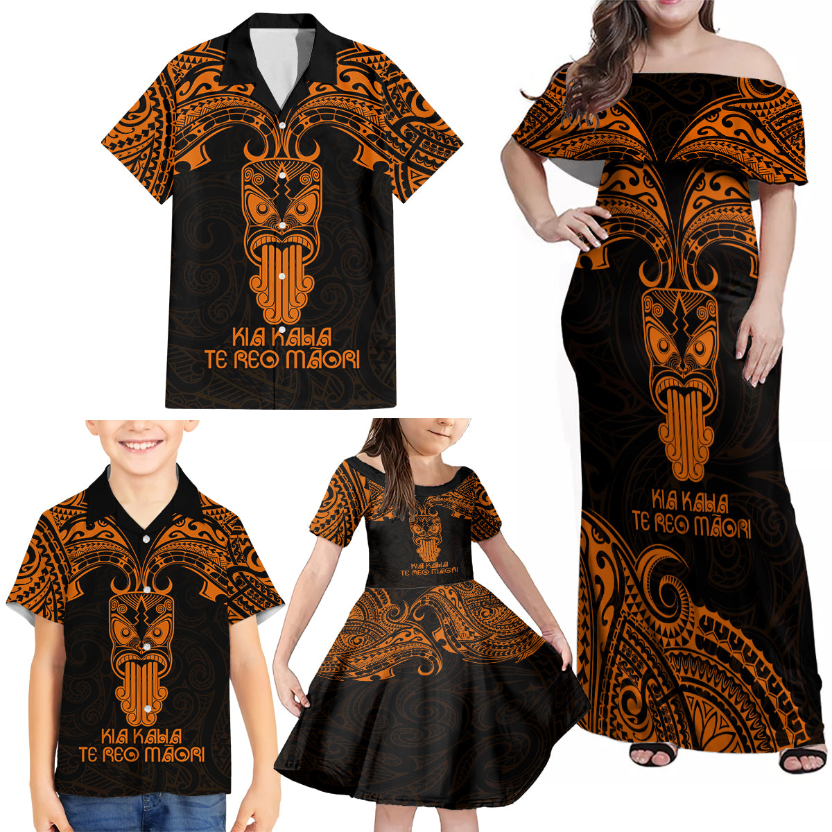 Personalised New Zealand Te Reo Maori Family Matching Off Shoulder Maxi Dress and Hawaiian Shirt Kia Kaha Maori Language Week Gold Style LT9 - Wonder Print Shop