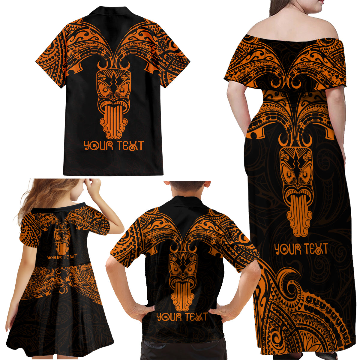 Personalised New Zealand Te Reo Maori Family Matching Off Shoulder Maxi Dress and Hawaiian Shirt Kia Kaha Maori Language Week Gold Style LT9 - Wonder Print Shop