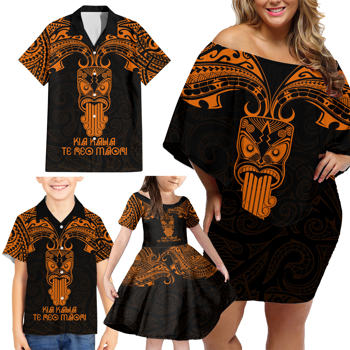 Personalised New Zealand Te Reo Maori Family Matching Off Shoulder Short Dress and Hawaiian Shirt Kia Kaha Maori Language Week Gold Style LT9 - Wonder Print Shop