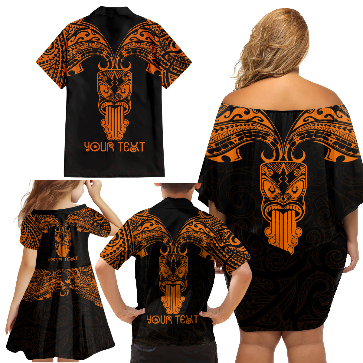 Personalised New Zealand Te Reo Maori Family Matching Off Shoulder Short Dress and Hawaiian Shirt Kia Kaha Maori Language Week Gold Style LT9 - Wonder Print Shop