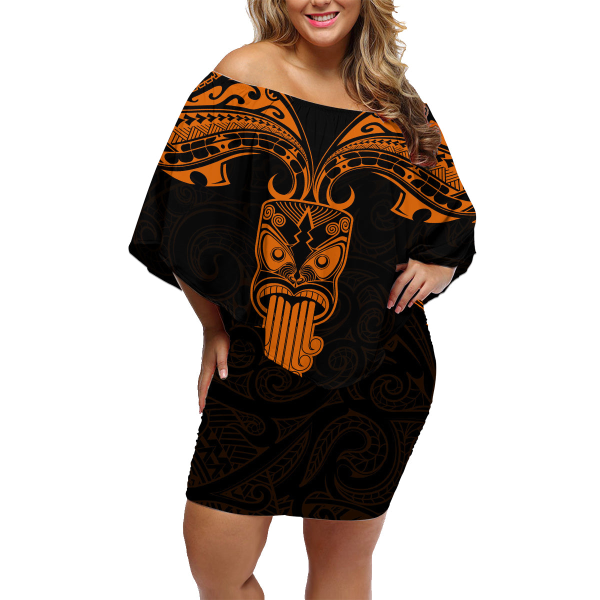 Personalised New Zealand Te Reo Maori Family Matching Off Shoulder Short Dress and Hawaiian Shirt Kia Kaha Maori Language Week Gold Style LT9 - Wonder Print Shop