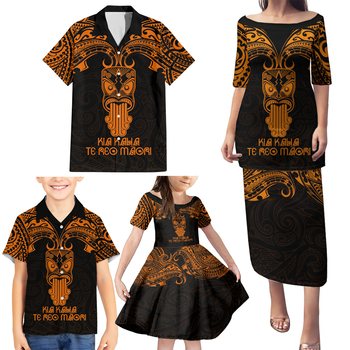 Personalised New Zealand Te Reo Maori Family Matching Puletasi Dress and Hawaiian Shirt Kia Kaha Maori Language Week Gold Style - Wonder Print Shop