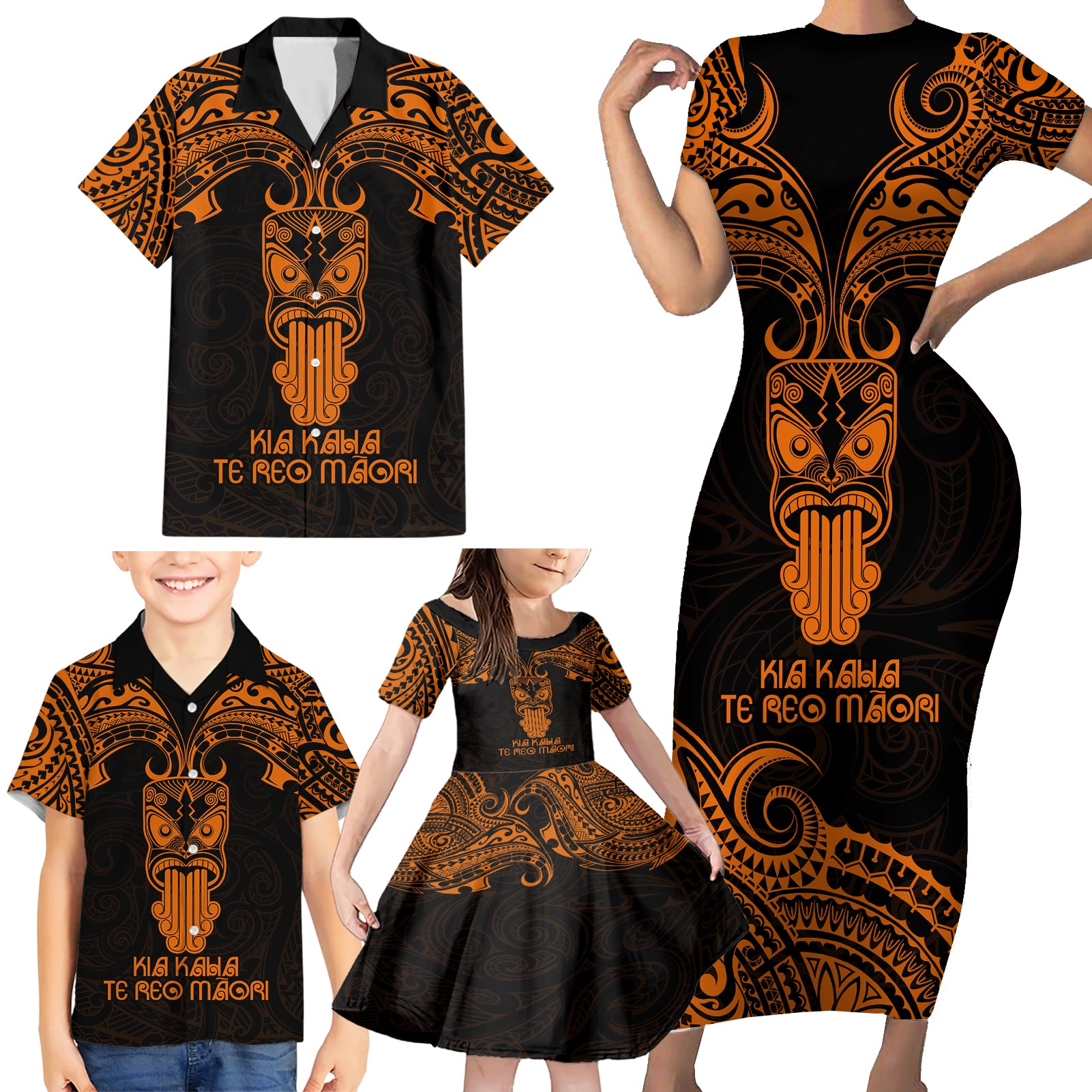 Personalised New Zealand Te Reo Maori Family Matching Short Sleeve Bodycon Dress and Hawaiian Shirt Kia Kaha Maori Language Week Gold Style - Wonder Print Shop