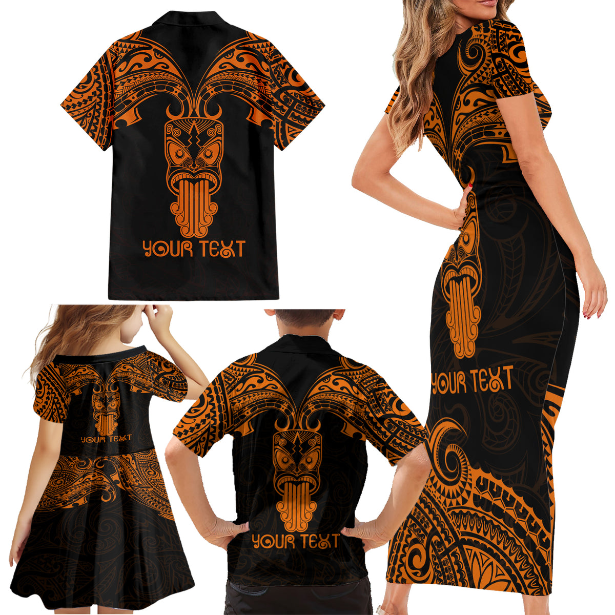 Personalised New Zealand Te Reo Maori Family Matching Short Sleeve Bodycon Dress and Hawaiian Shirt Kia Kaha Maori Language Week Gold Style - Wonder Print Shop