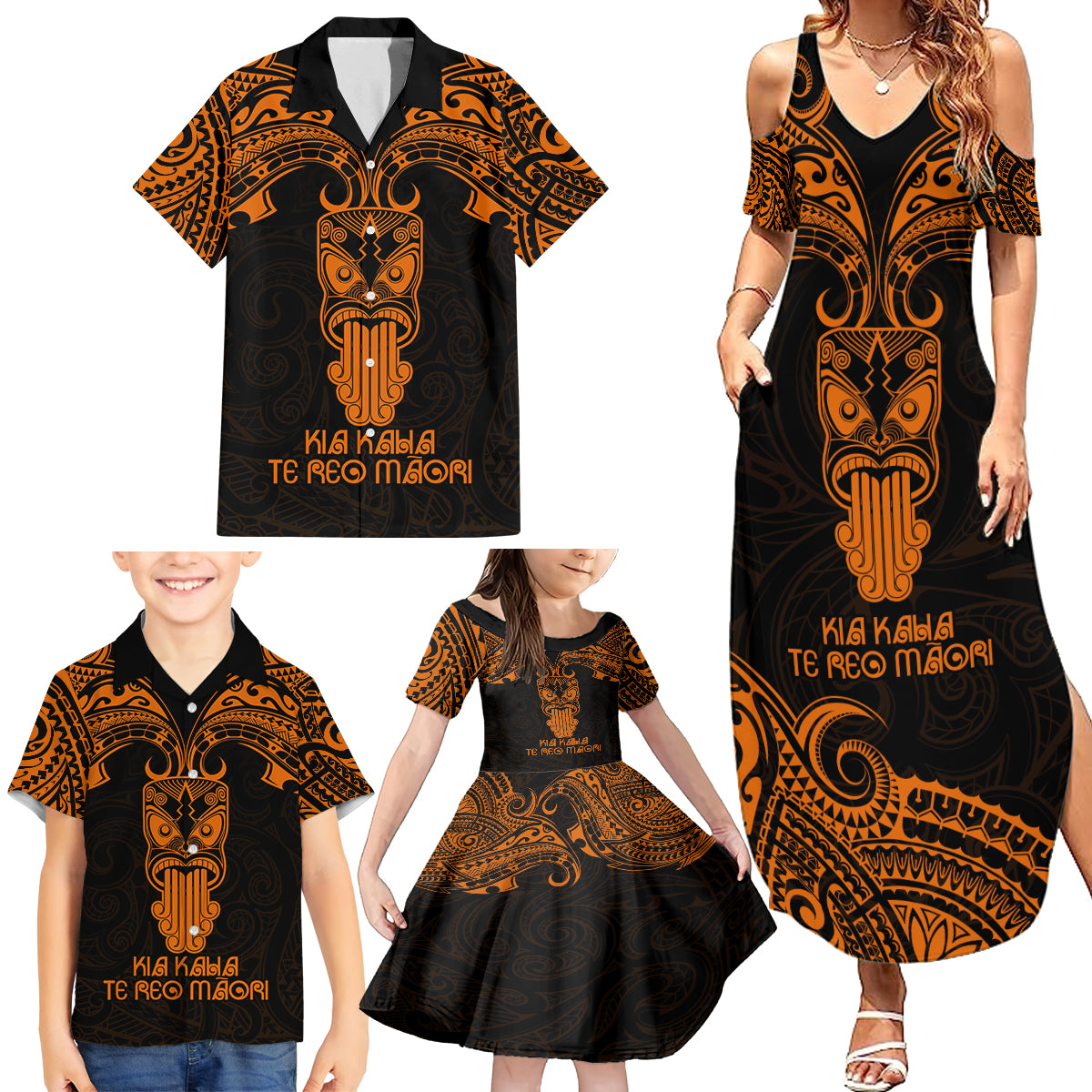 Personalised New Zealand Te Reo Maori Family Matching Summer Maxi Dress and Hawaiian Shirt Kia Kaha Maori Language Week Gold Style - Wonder Print Shop