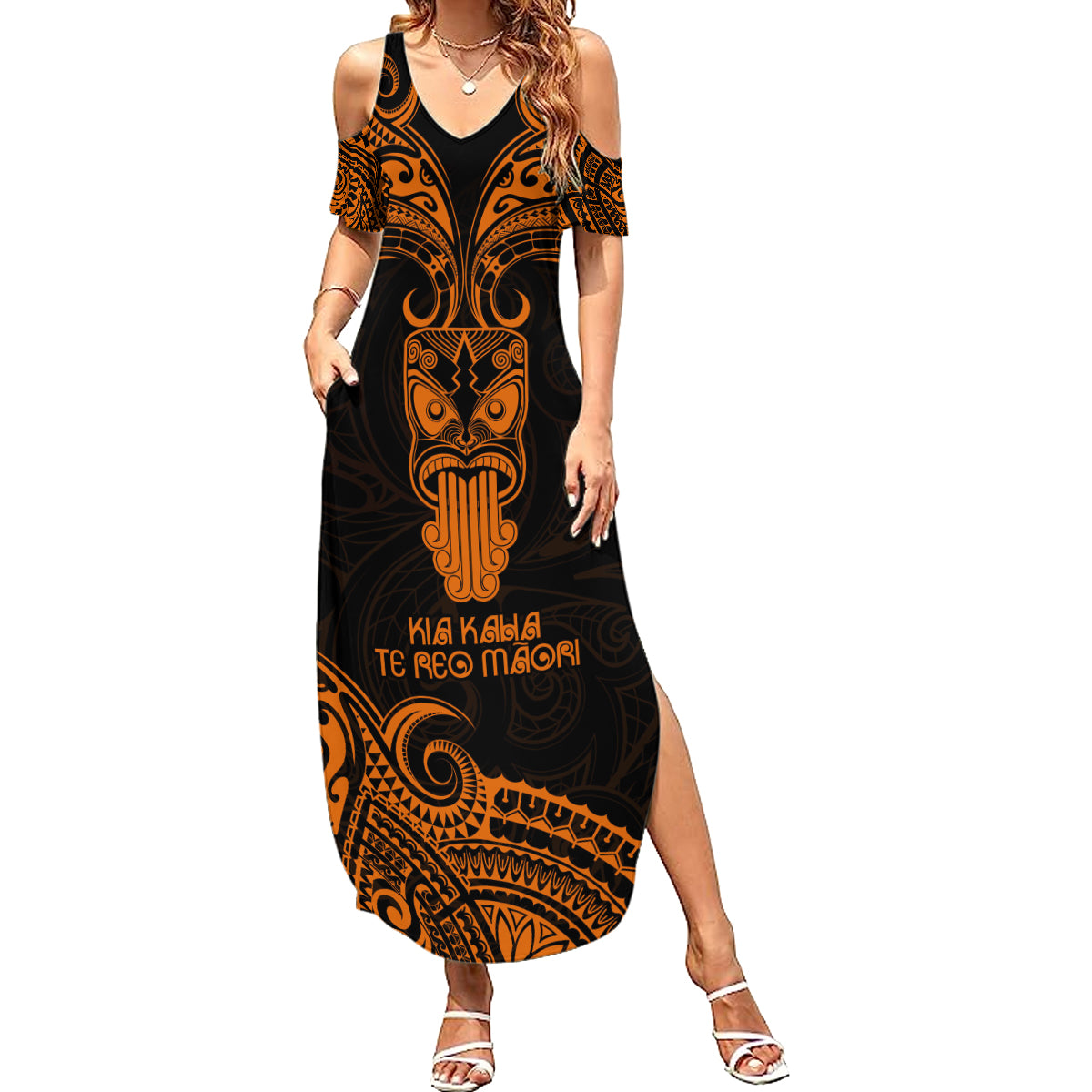 Personalised New Zealand Te Reo Maori Family Matching Summer Maxi Dress and Hawaiian Shirt Kia Kaha Maori Language Week Gold Style - Wonder Print Shop
