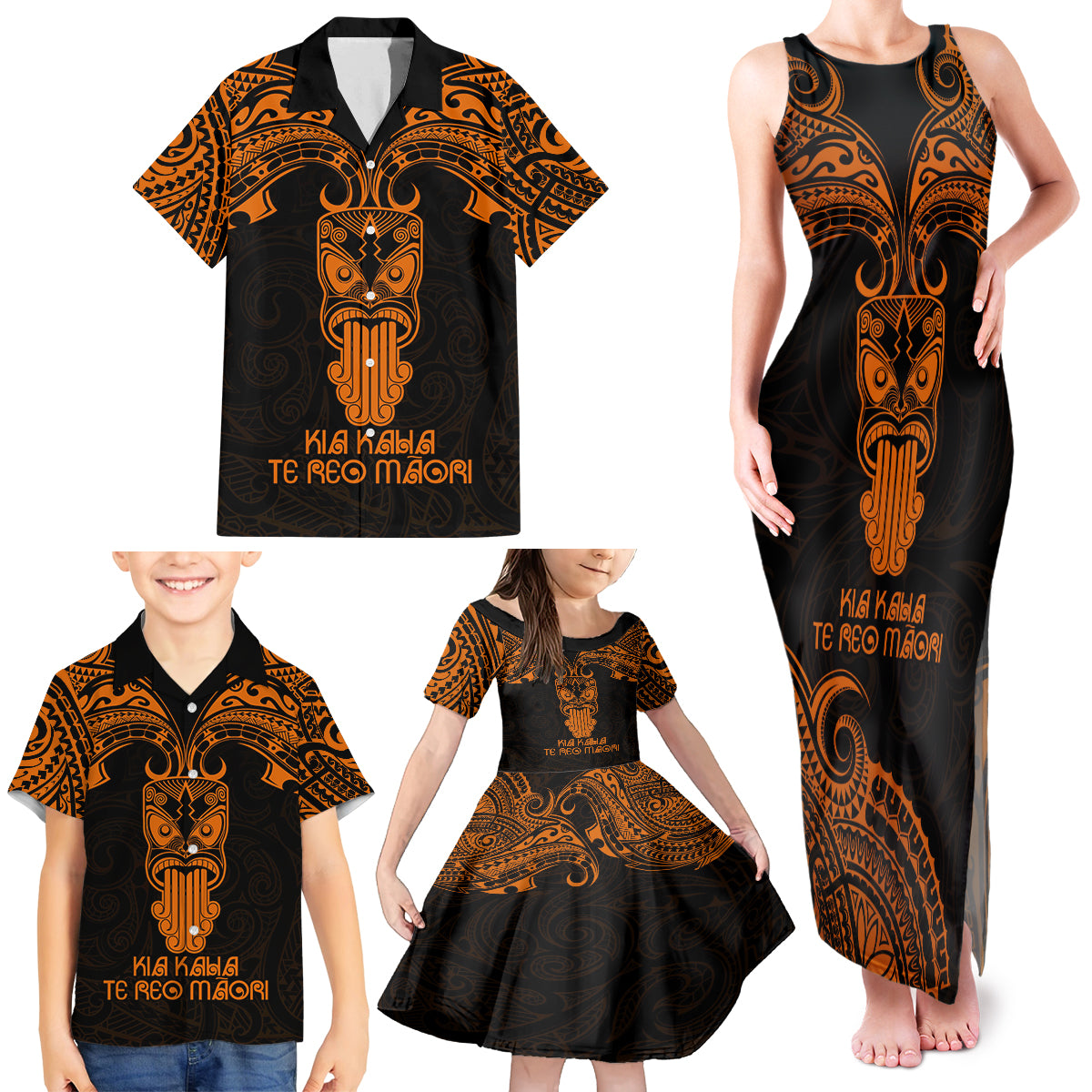 Personalised New Zealand Te Reo Maori Family Matching Tank Maxi Dress and Hawaiian Shirt Kia Kaha Maori Language Week Gold Style - Wonder Print Shop