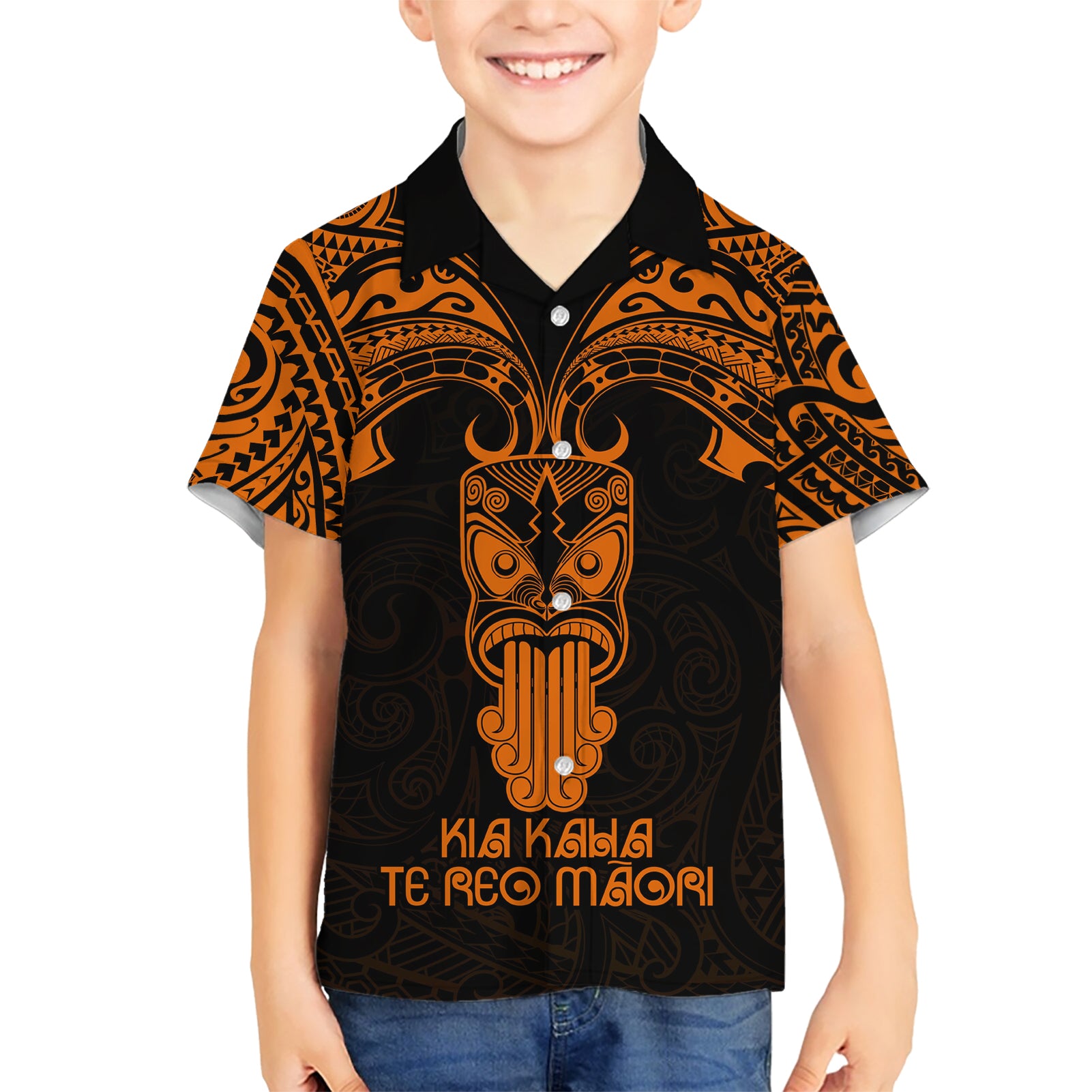 Personalised New Zealand Te Reo Maori Kid Hawaiian Shirt Kia Kaha Maori Language Week Gold Style - Wonder Print Shop