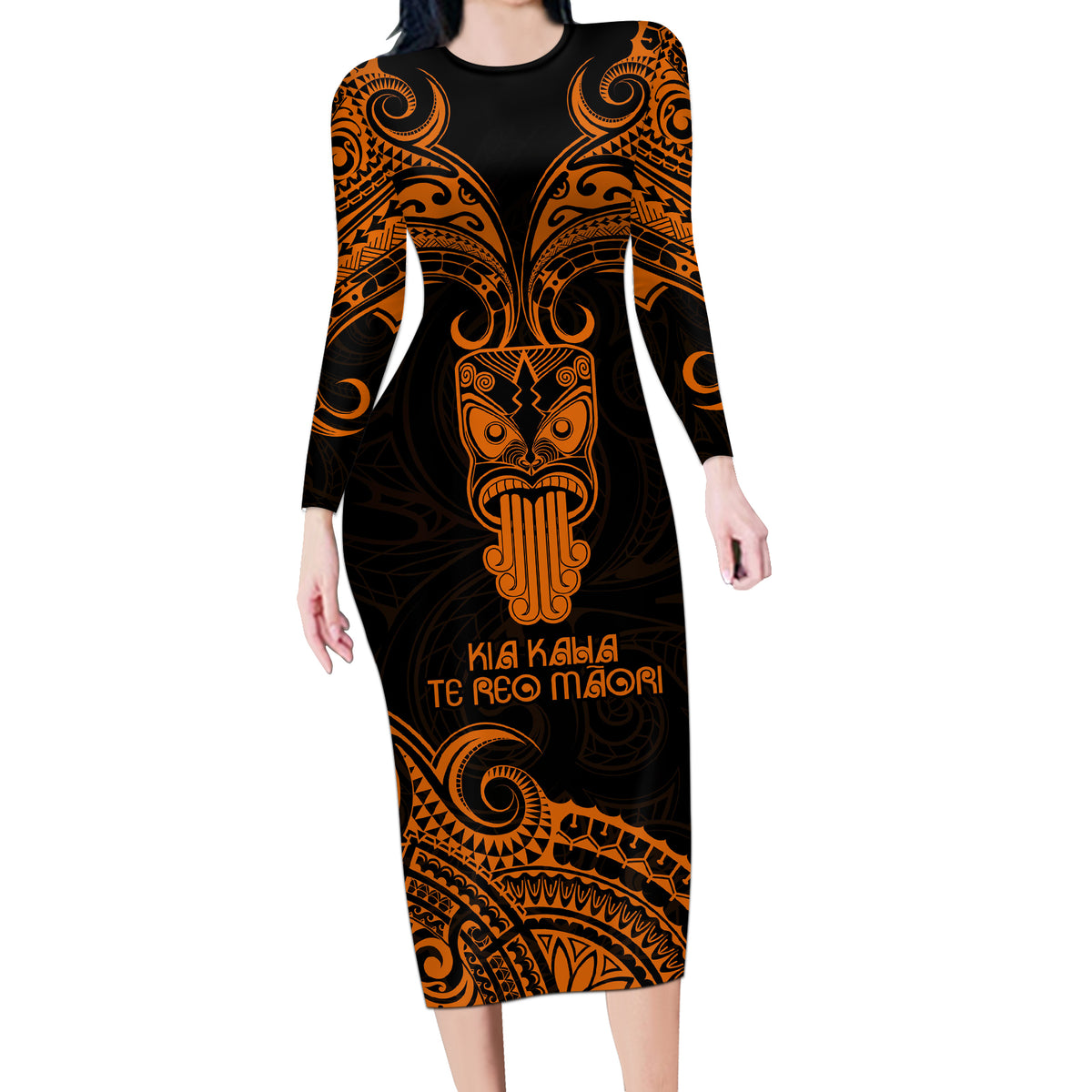 Personalised New Zealand Te Reo Maori Long Sleeve Bodycon Dress Kia Kaha Maori Language Week Gold Style - Wonder Print Shop
