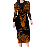 Personalised New Zealand Te Reo Maori Long Sleeve Bodycon Dress Kia Kaha Maori Language Week Gold Style - Wonder Print Shop