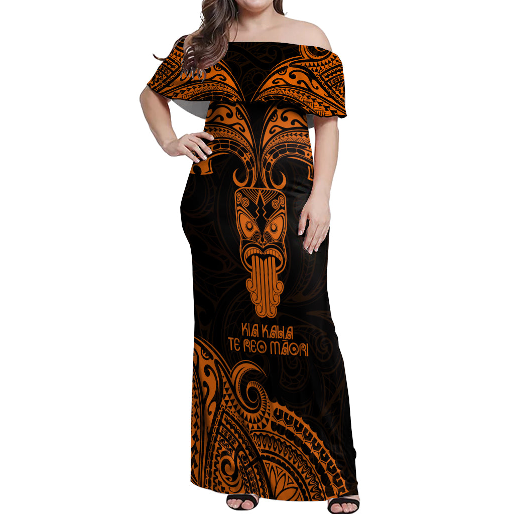 Personalised New Zealand Te Reo Maori Off Shoulder Maxi Dress Kia Kaha Maori Language Week Gold Style - Wonder Print Shop