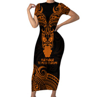 Personalised New Zealand Te Reo Maori Short Sleeve Bodycon Dress Kia Kaha Maori Language Week Gold Style - Wonder Print Shop