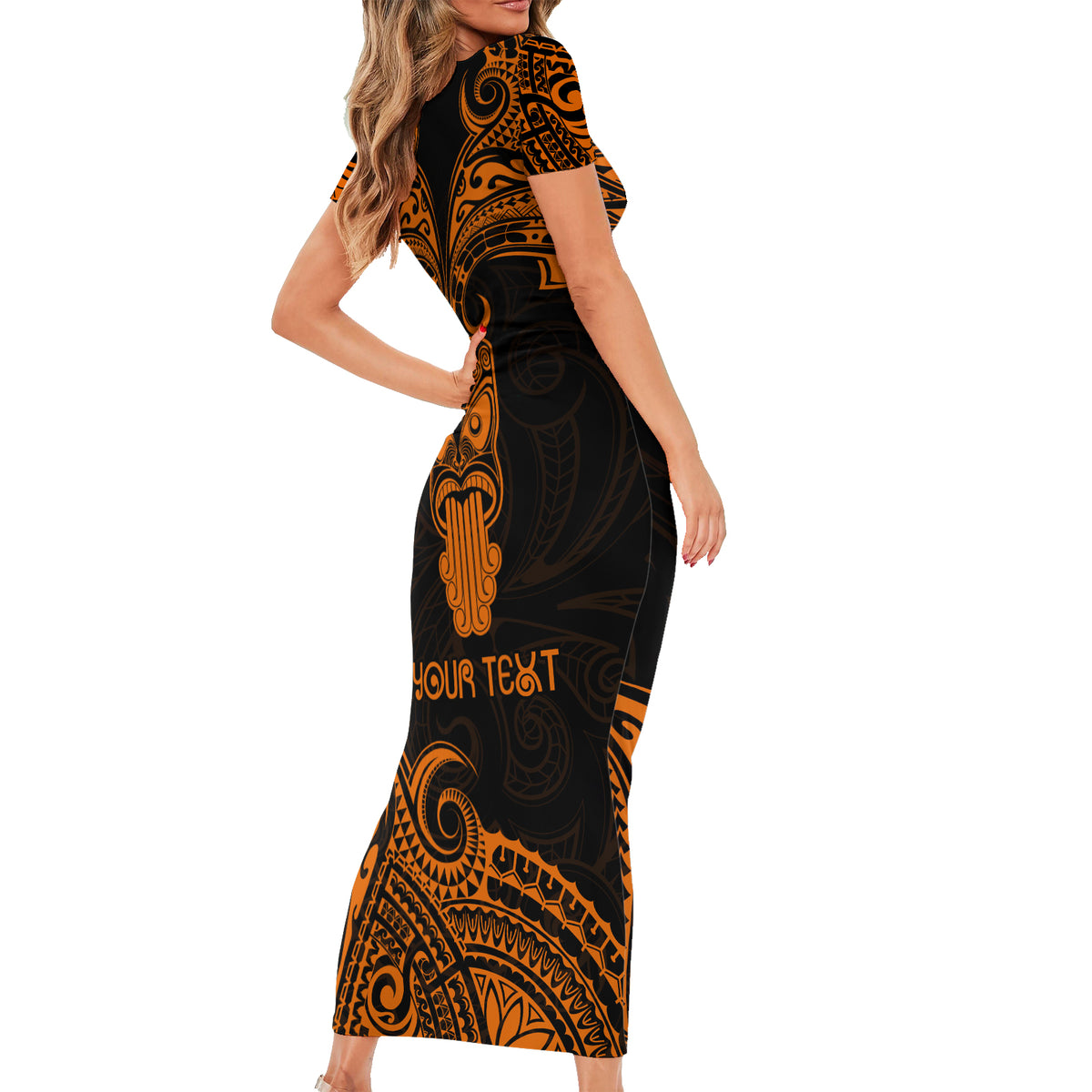 Personalised New Zealand Te Reo Maori Short Sleeve Bodycon Dress Kia Kaha Maori Language Week Gold Style - Wonder Print Shop