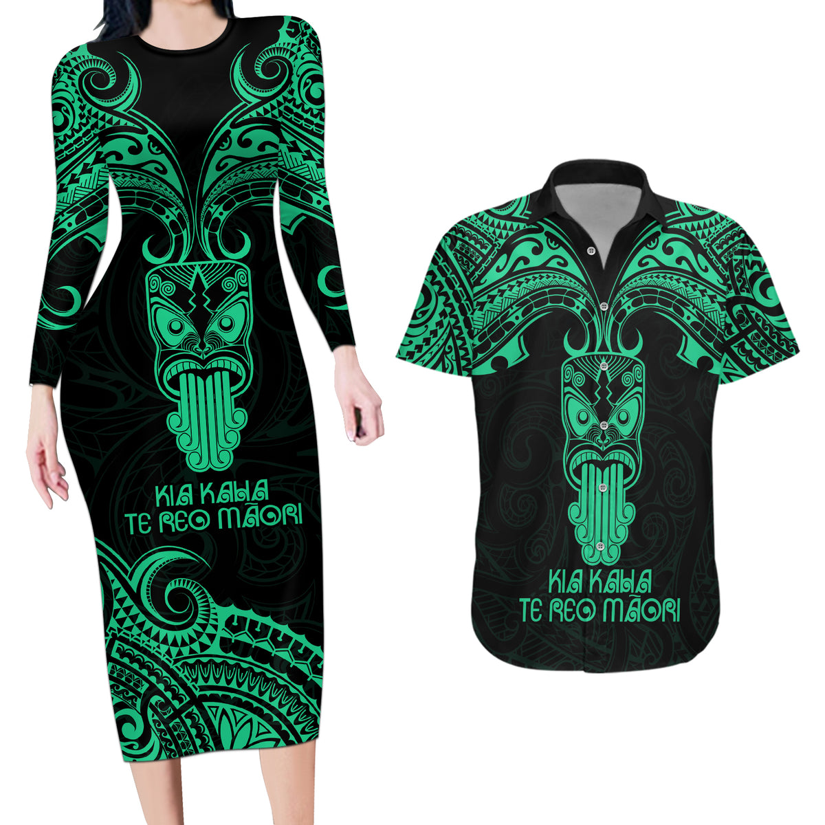 Personalised New Zealand Te Reo Maori Couples Matching Long Sleeve Bodycon Dress and Hawaiian Shirt Kia Kaha Maori Language Week Green Style LT9 - Wonder Print Shop