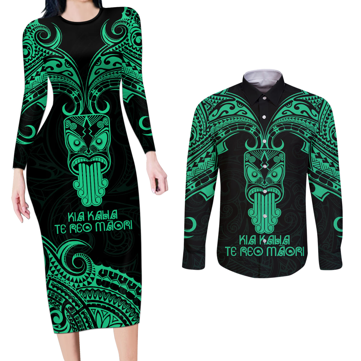 Personalised New Zealand Te Reo Maori Couples Matching Long Sleeve Bodycon Dress and Long Sleeve Button Shirts Kia Kaha Maori Language Week Green Style LT9 - Wonder Print Shop