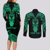 Personalised New Zealand Te Reo Maori Couples Matching Long Sleeve Bodycon Dress and Long Sleeve Button Shirts Kia Kaha Maori Language Week Green Style LT9 - Wonder Print Shop
