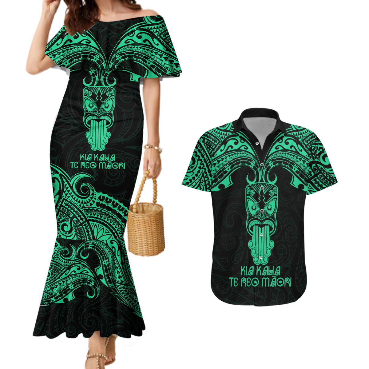 Personalised New Zealand Te Reo Maori Couples Matching Mermaid Dress and Hawaiian Shirt Kia Kaha Maori Language Week Green Style LT9 - Wonder Print Shop