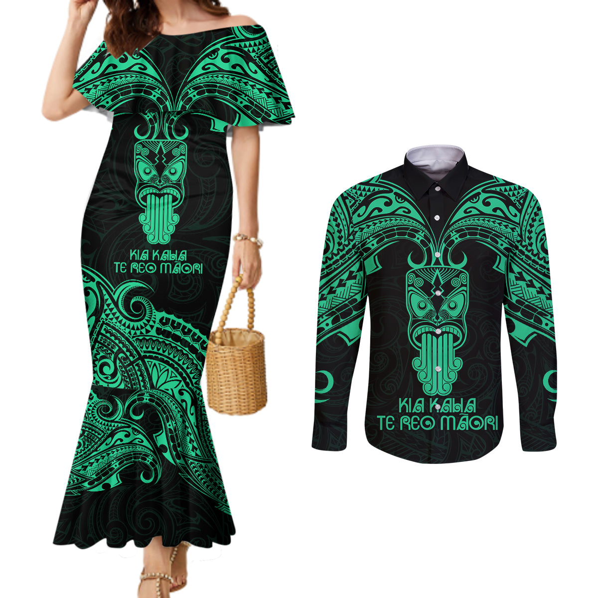 Personalised New Zealand Te Reo Maori Couples Matching Mermaid Dress and Long Sleeve Button Shirts Kia Kaha Maori Language Week Green Style LT9
