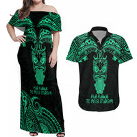 Personalised New Zealand Te Reo Maori Couples Matching Off Shoulder Maxi Dress and Hawaiian Shirt Kia Kaha Maori Language Week Green Style LT9 - Wonder Print Shop