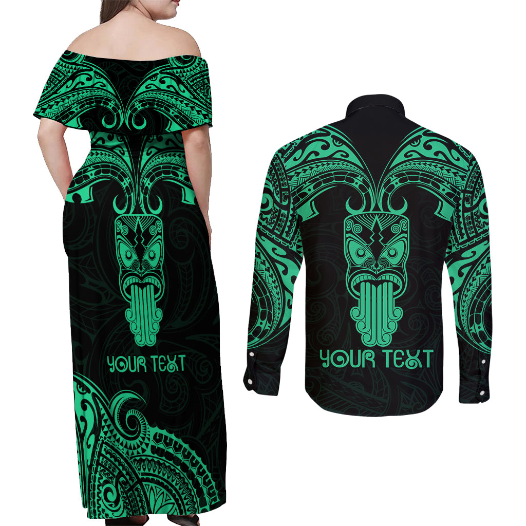 Personalised New Zealand Te Reo Maori Couples Matching Off Shoulder Maxi Dress and Long Sleeve Button Shirts Kia Kaha Maori Language Week Green Style LT9 - Wonder Print Shop