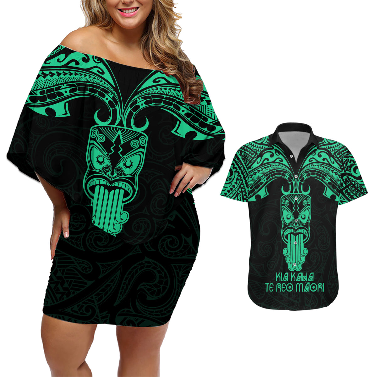 Personalised New Zealand Te Reo Maori Couples Matching Off Shoulder Short Dress and Hawaiian Shirt Kia Kaha Maori Language Week Green Style LT9 - Wonder Print Shop