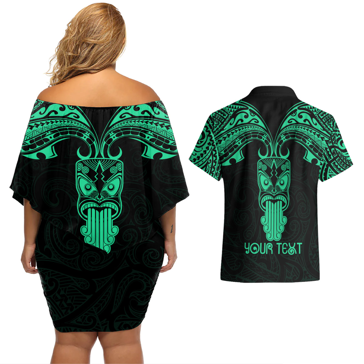 Personalised New Zealand Te Reo Maori Couples Matching Off Shoulder Short Dress and Hawaiian Shirt Kia Kaha Maori Language Week Green Style LT9 - Wonder Print Shop