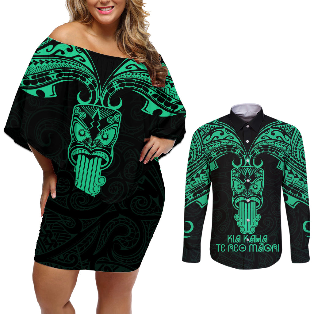 Personalised New Zealand Te Reo Maori Couples Matching Off Shoulder Short Dress and Long Sleeve Button Shirts Kia Kaha Maori Language Week Green Style LT9 - Wonder Print Shop