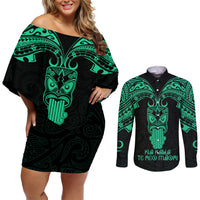 Personalised New Zealand Te Reo Maori Couples Matching Off Shoulder Short Dress and Long Sleeve Button Shirts Kia Kaha Maori Language Week Green Style LT9 - Wonder Print Shop