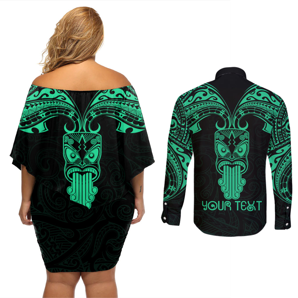 Personalised New Zealand Te Reo Maori Couples Matching Off Shoulder Short Dress and Long Sleeve Button Shirts Kia Kaha Maori Language Week Green Style LT9 - Wonder Print Shop